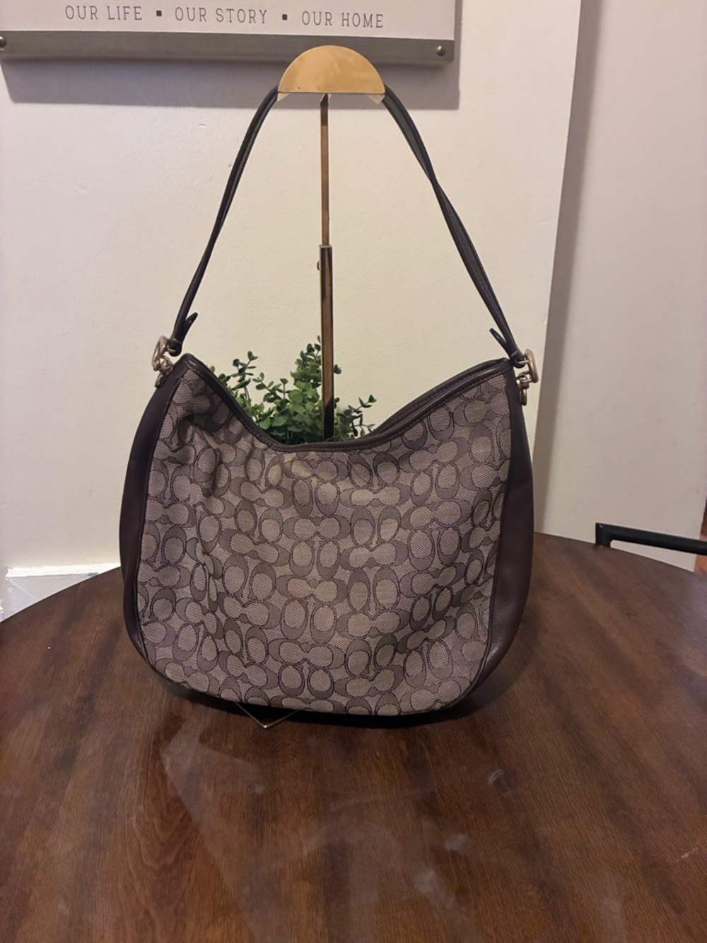 Coach Brown Signature Canvas Hobo Bag with smooth Brown Leather trim and strap